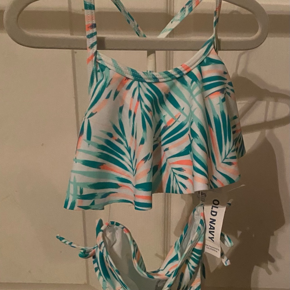Old Navy Teal & Coral Palm-Print Girls' Flounce Swim Top